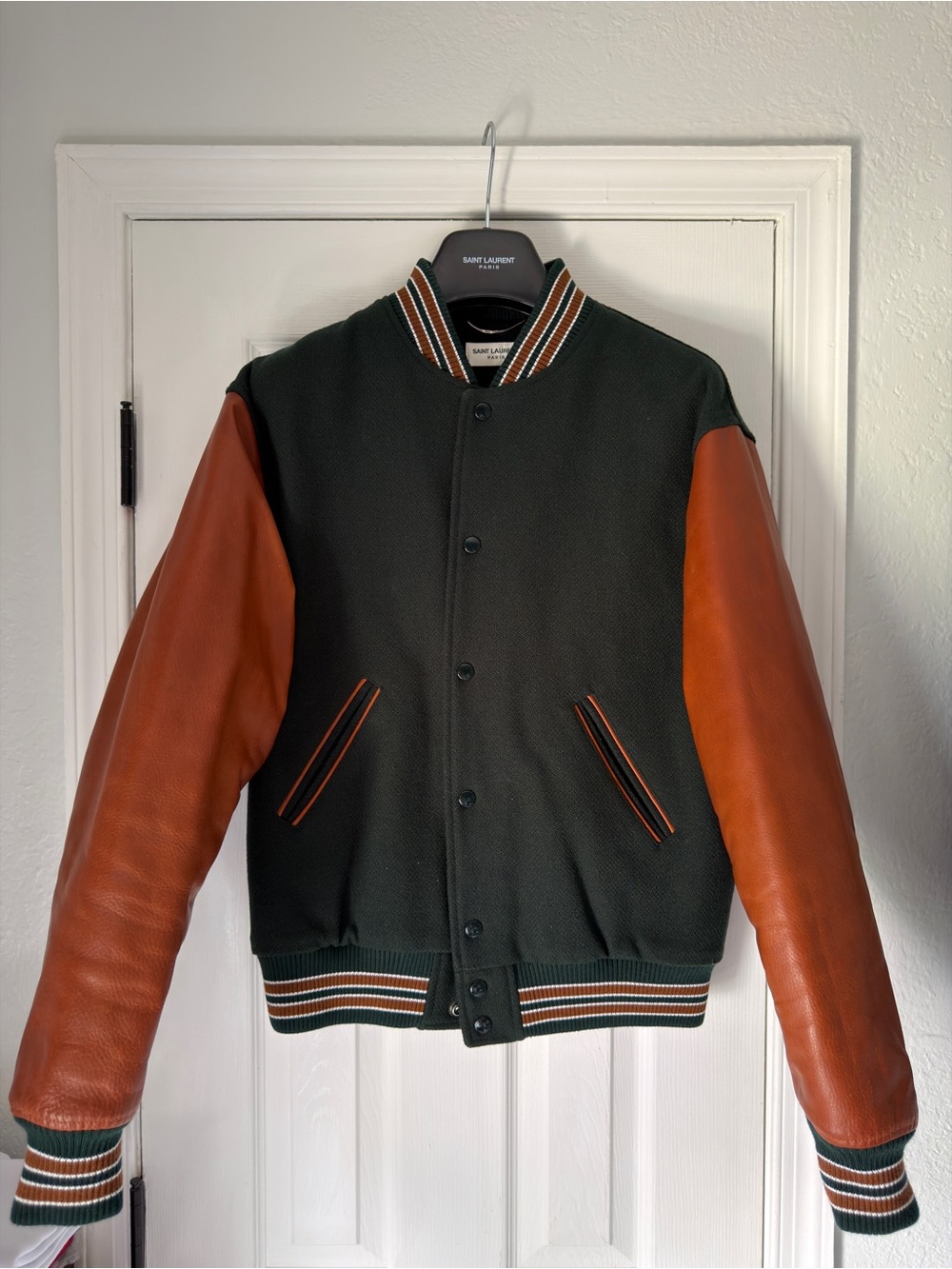 Saint Laurent Paris AW2017 Men's Wool Varsity Jacket Cognac Leather Sleeves 52